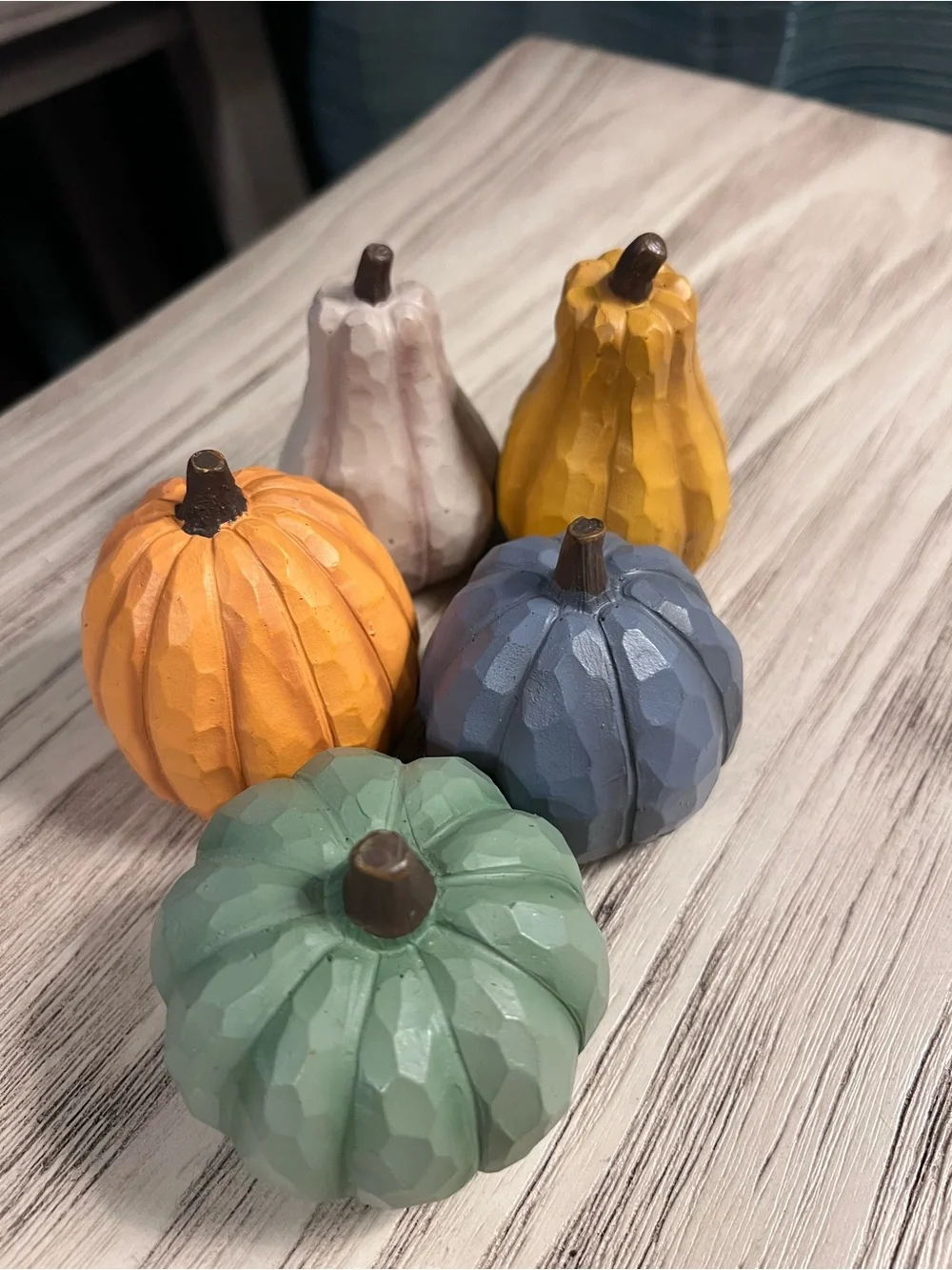 Set of 5 Mini Faux Wood Carved Pumpkins Fall Harvest Tiered Tray Decor